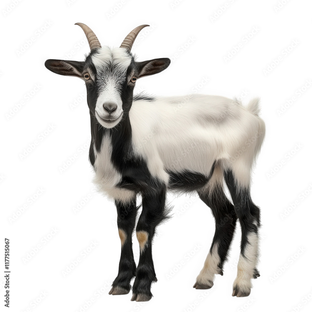 a cute black and white goat stands upright. showcasing its distinct features. including curved horns and a playful expression goat in a neutral setting. emphasizing its fur texture and overall charm a cute black and white goat stands upright. showcasing its distinct features. including curved horns and a playful expression goat in a neutral setting. emphasizing its fur texture and overall charm