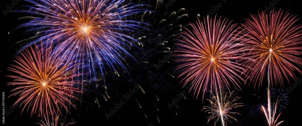 Fototapeta premium Bright fireworks display in vibrant colors on a dark night sky.