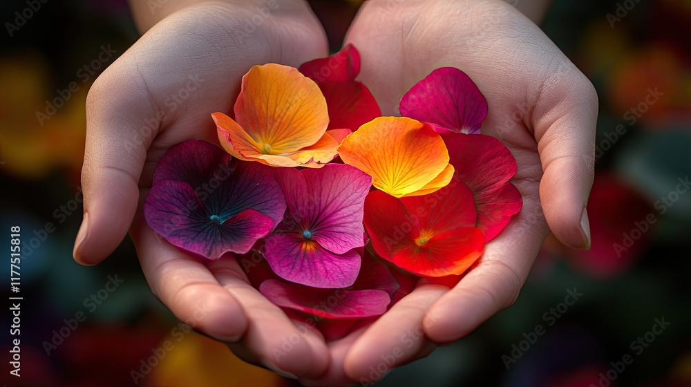 Hands Gently Holding Vibrant Flower Petals Hands Gently Holding Vibrant Flower Petals