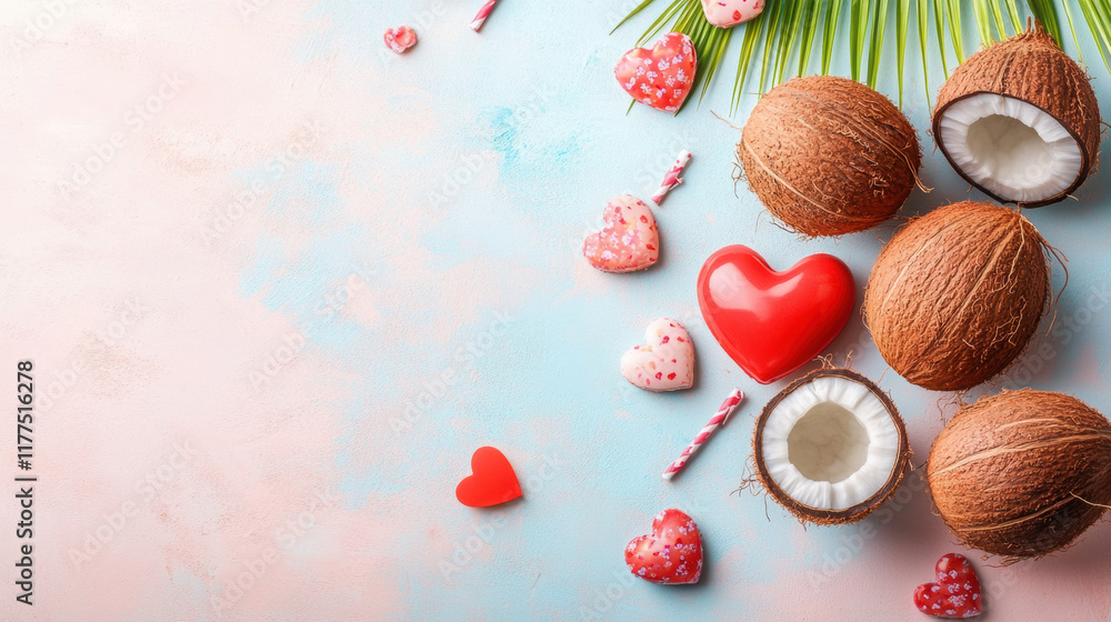 Coconuts and heart shaped candies on colorful background Coconuts and heart shaped candies on colorful background