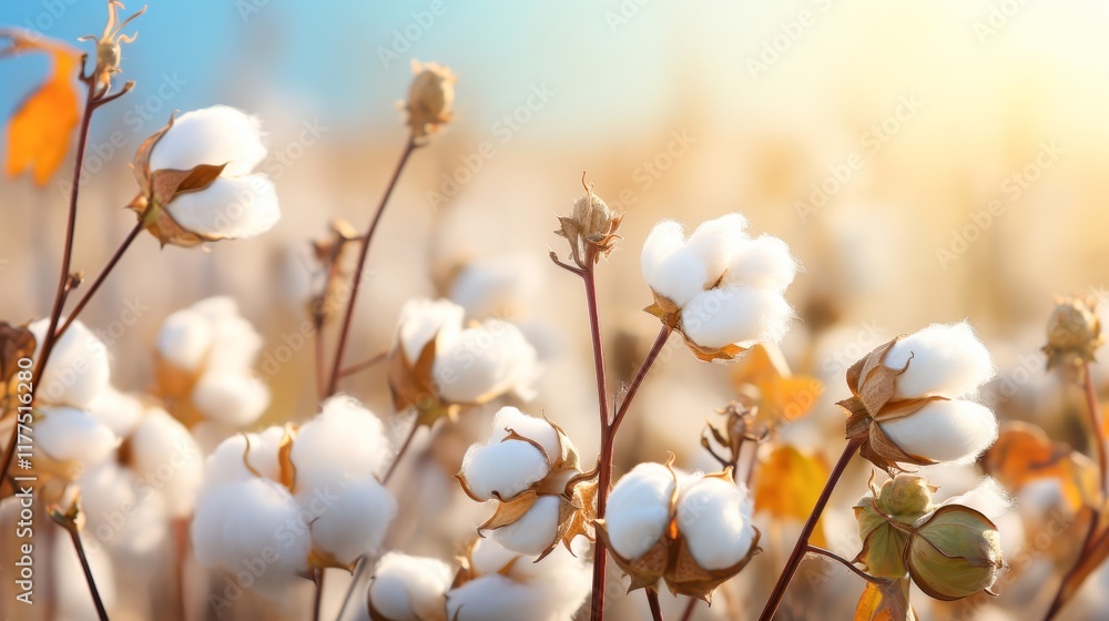 A close-up of cotton plants showcasing fluffy white bolls against a warm, golden backdrop, This image can be used for textile, agriculture A close-up of cotton plants showcasing fluffy white bolls against a warm, golden backdrop, This image can be used for textile, agriculture