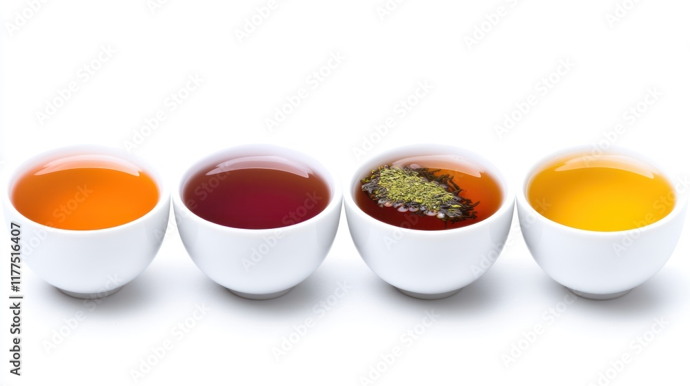 Four cups of various colored teas arranged on a white background. Four cups of various colored teas arranged on a white background.