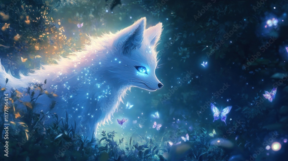 Glowing fox amidst butterflies, enchanted forest, fantasy art Glowing fox amidst butterflies, enchanted forest, fantasy art