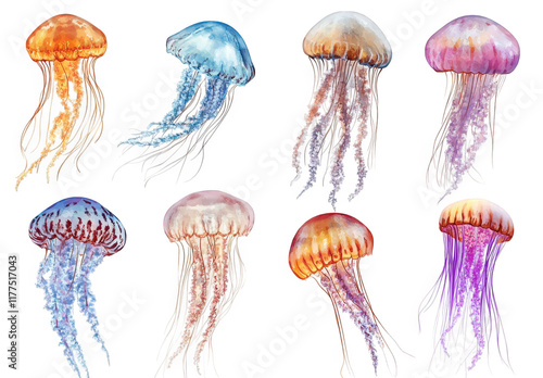 collection of eight beautifully illustrated jellyfish. each displaying unique colors and patterns the jellyfish are depicted in a realistic style. showcasing their translucent bodies and flowing tenta photo