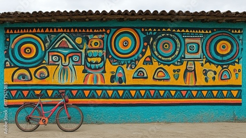 Vibrant Mural Adorns Building Wall With Bicycle photo