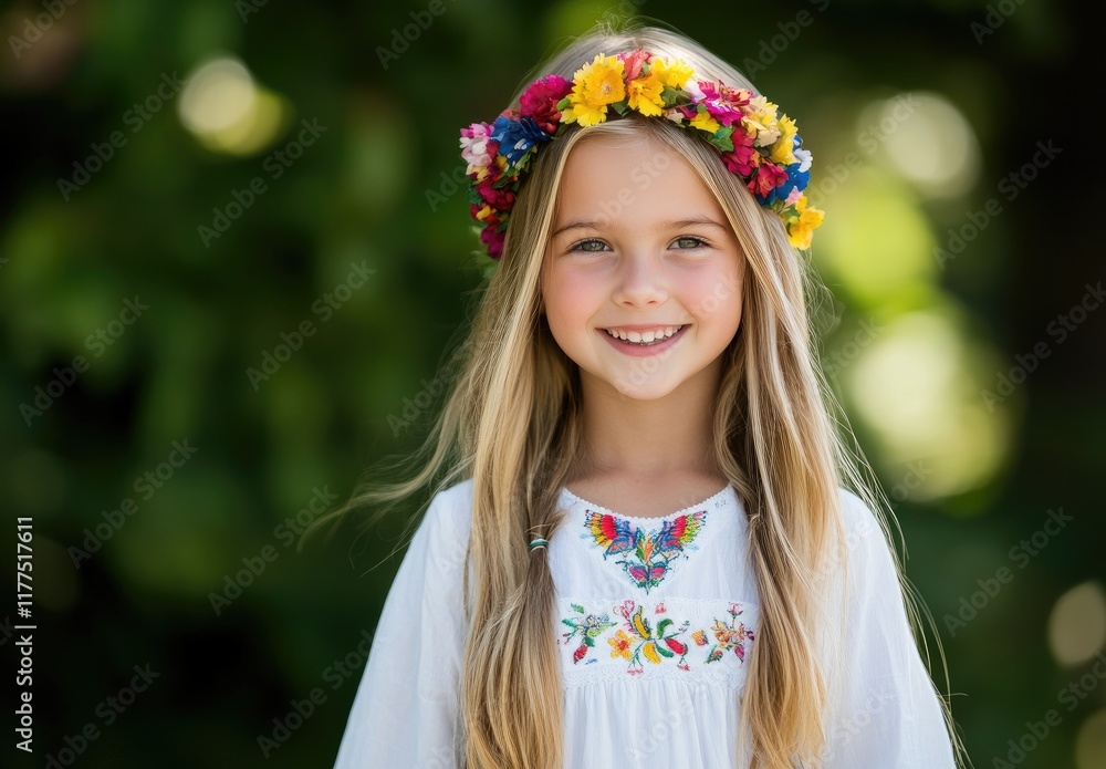 A young girl with long blonde hair, wearing an embroidered white shirt and a pink flower wreath on her head, smiles at the camera against a backdrop of green trees in summer. A young girl with long blonde hair, wearing an embroidered white shirt and a pink flower wreath on her head, smiles at the camera against a backdrop of green trees in summer.
