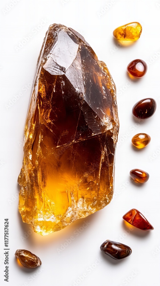 A large, amber-colored crystal rests beside several smaller stones. The warm tones create a captivating image. A large, amber-colored crystal rests beside several smaller stones. The warm tones create a captivating image.