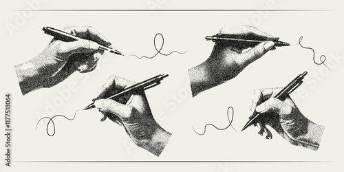 Vector hands hold pen with trendy retro photocopy effect. Modern stipple dots texture for design art.