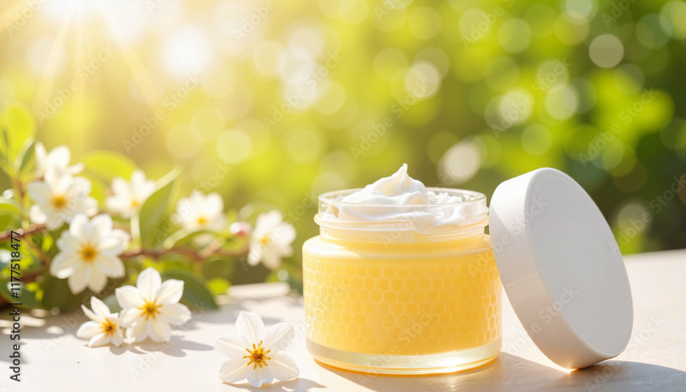 Facial cream with honeycomb design on sunny table, Spring Skincare Facial cream with honeycomb design on sunny table, Spring Skincare