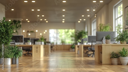 Wallpaper Mural Modern, bright, and spacious open-plan office interior with wooden furniture, plants, and natural light. Torontodigital.ca