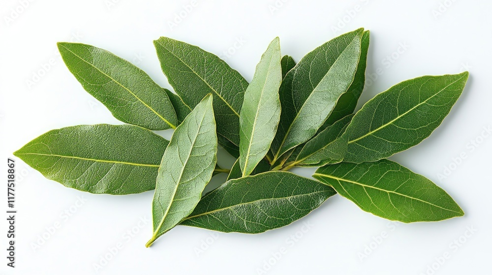 A cluster of fresh green bay leaves sits on a white background A cluster of fresh green bay leaves sits on a white background