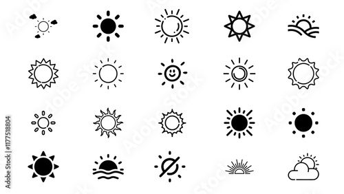 Minimalist Sun Icon Set. Vector Illustrations of Sunshine, Solar Energy, Sunlight, Summer, Weather, Bright Day, Nature, Daytime, and Sky Elements for UI/UX and Design