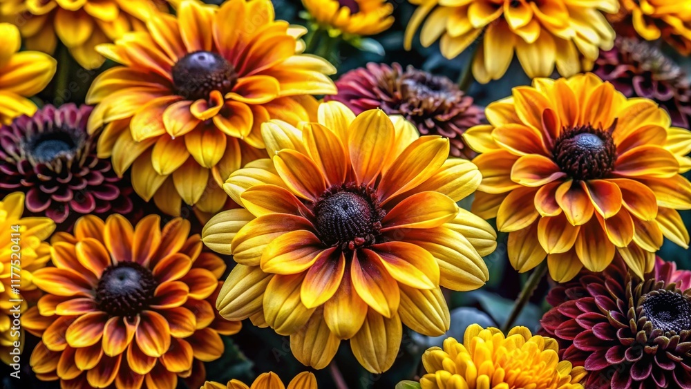 Fototapeta premium Gorgeous fall flowers in a striking black and yellow contrast, seasonal transition, garden blooms, autumnal shades, close up photography, contrasted colors