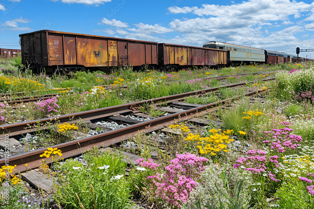 Wildflowers bloom abundantly between rusty train tracks, showcasing nature reclaiming urban space. A vintage train car is visible in the background under a bright summer sky. Wildflowers bloom abundantly between rusty train tracks, showcasing nature reclaiming urban space. A vintage train car is visible in the background under a bright summer sky.