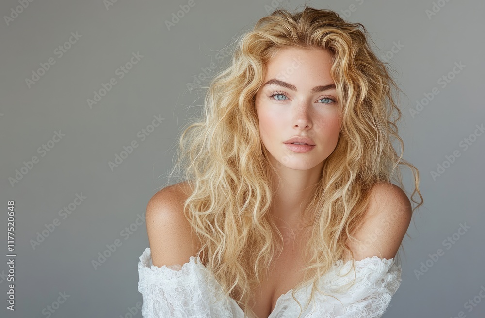 Beautiful blonde woman with long, curly hair posing in a white dress against a gray background, a studio portrait. Beautiful blonde woman with long, curly hair posing in a white dress against a gray background, a studio portrait.