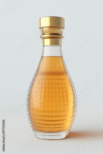 A stylish glass bottle filled with amber liquid showcases elegance and sophistication, Perfect for use in design projects, advertisements, or culinary themes highlighting beverages, photo