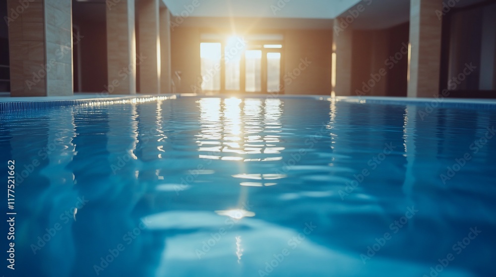 Fototapeta premium Sunny indoor pool, modern architecture, tranquil scene, relaxing