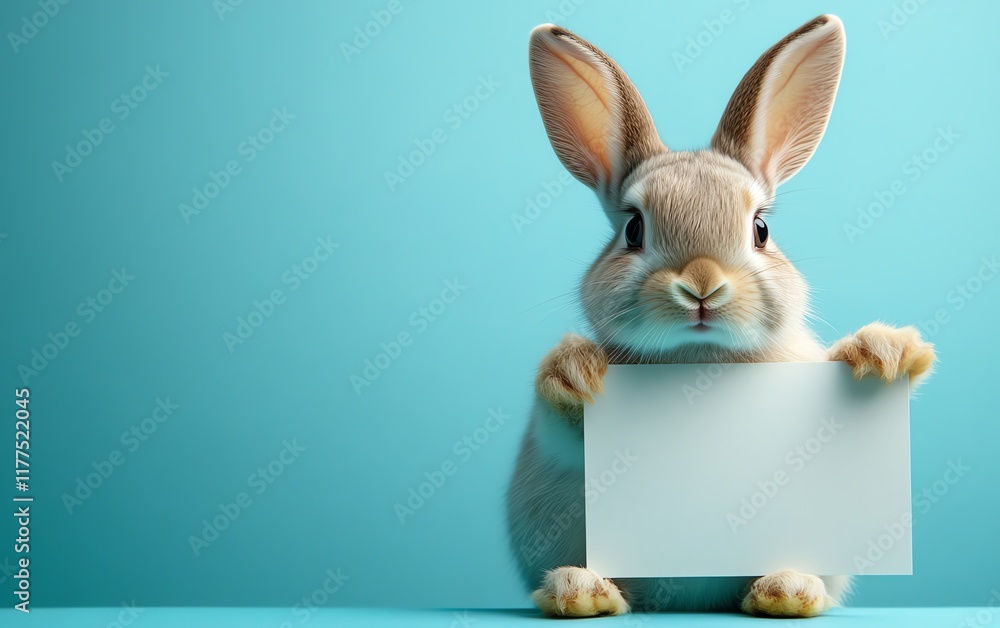 Obraz premium A cute rabbit holding a blank sign against a solid background, ideal for customization with text, playful and friendly design, soft pastel colors