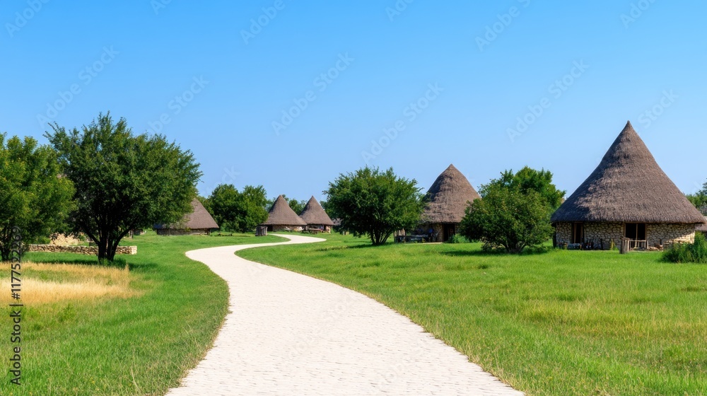 Scenic pathway leading to thatched-roof huts in a green landscape. Scenic pathway leading to thatched-roof huts in a green landscape.