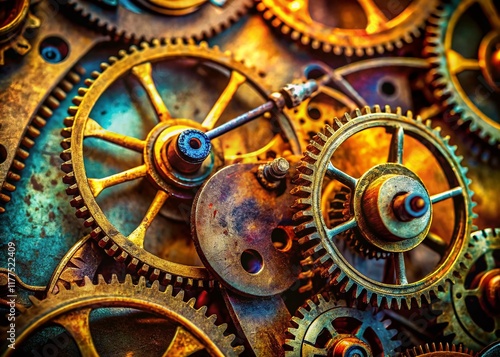 Macro Photography of Antique Clock Gears, Rusty Metal Details, Timepiece Mechanism Close-Up