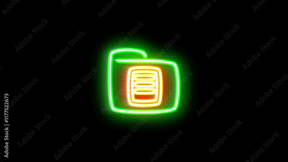 The blinking neon light of a folder icon on a black background. The blinking neon light of a folder icon on a black background.