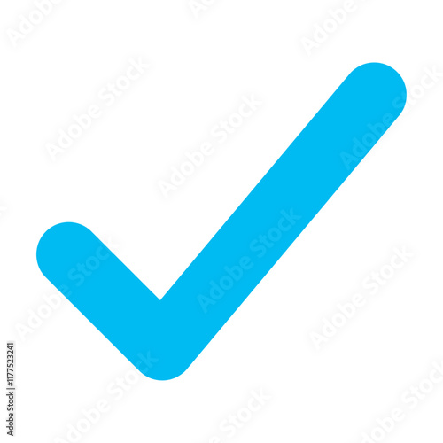 Blue positive vote button with checkmark accept complete task badge vector illustration. Success confirmation logotype keypad agree approved check mark. Done checkbox. Tick button emoji icon.
