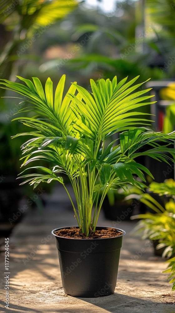 Obraz premium Potted palm plant in sunny greenhouse