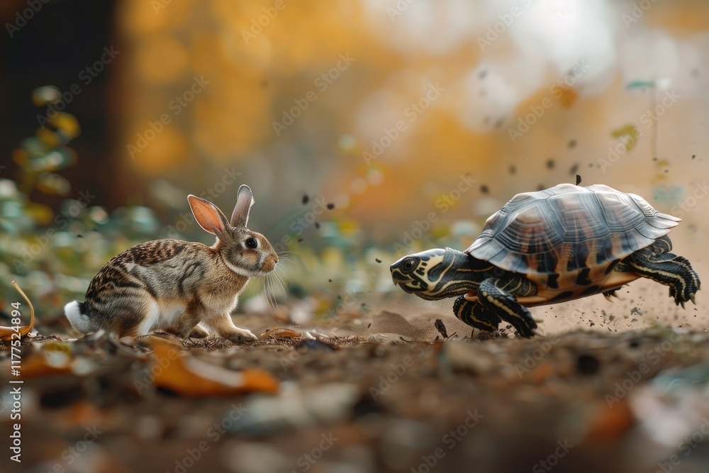 Vibrant Color Picture of Rabbit and Turtle Footrace with the Turtle Surprisingly Taking the Lead Vibrant Color Picture of Rabbit and Turtle Footrace with the Turtle Surprisingly Taking the Lead