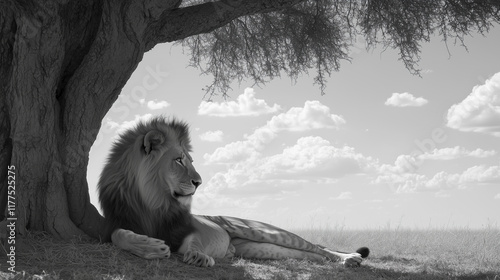 Majestic lion resting under the shade of a tree in the savannah, watching over its domain with regal composure  photo