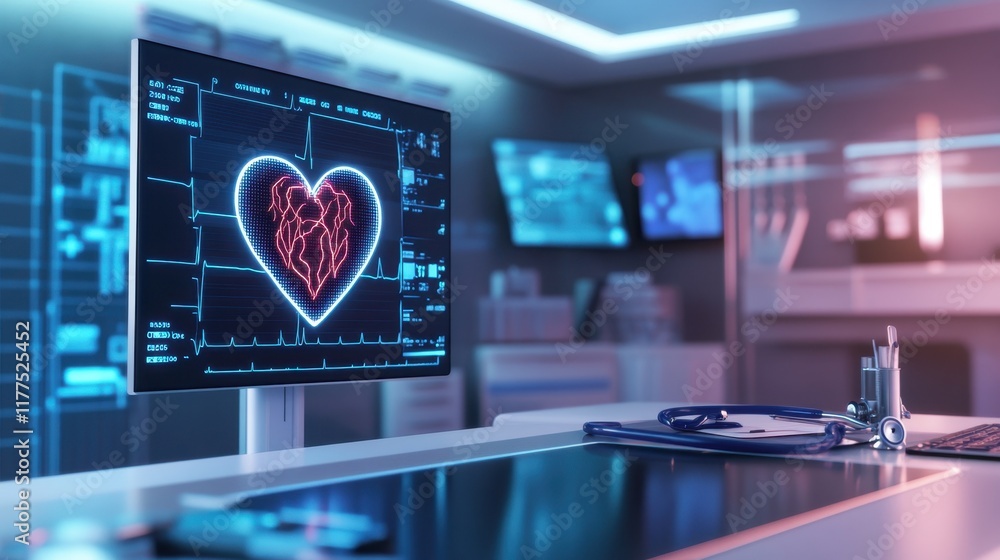 A cardiologist's desk with a digital ECG monitor, a stethoscope, and heart anatomy charts on the wall, in a high-tech medical room.