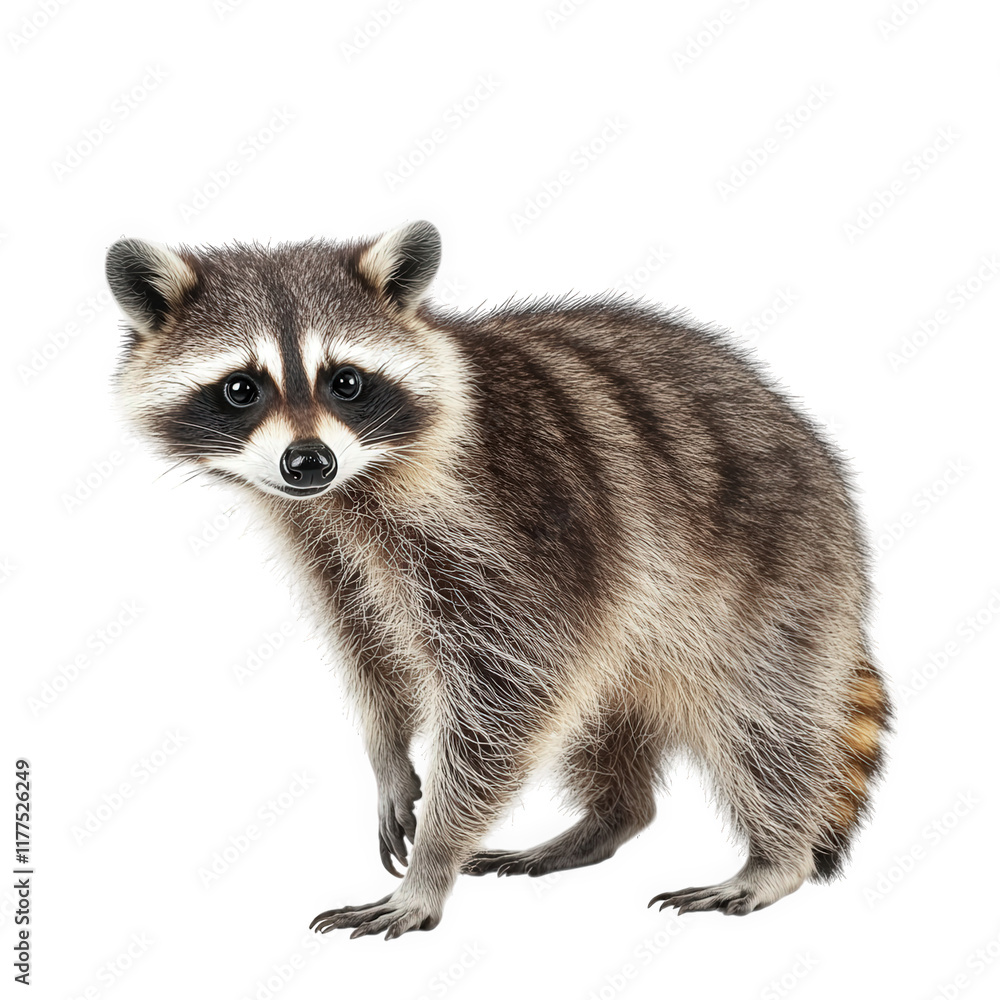 a raccoon stands on all fours. showcasing its distinctive black and white facial markings. bushy tail. and grayish fur the animal appears curious. with its head slightly tilted. against a plain white a raccoon stands on all fours. showcasing its distinctive black and white facial markings. bushy tail. and grayish fur the animal appears curious. with its head slightly tilted. against a plain white