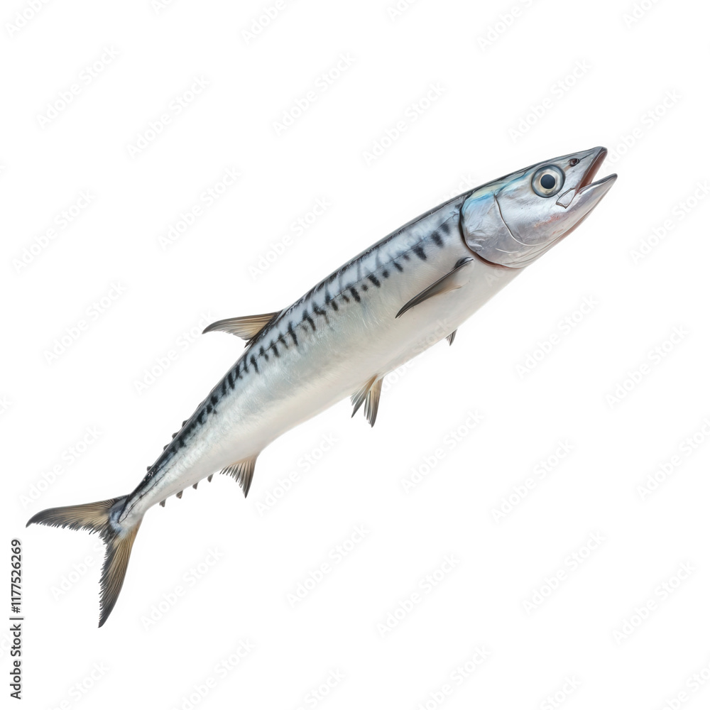 fresh mackerel fish. showcasing its streamlined body. silver scales. and distinctive dark stripes along its back the fish is presented against a clean. white background. emphasizing its natural colors fresh mackerel fish. showcasing its streamlined body. silver scales. and distinctive dark stripes along its back the fish is presented against a clean. white background. emphasizing its natural colors