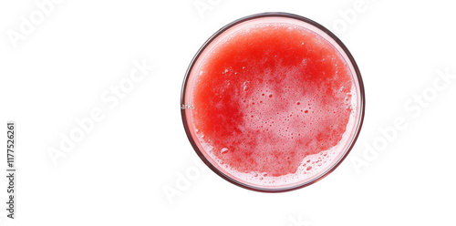 a close-up view of a glass filled with a vibrant red beverage. showcasing its frothy texture and refreshing appearance against a clean. white background the drink's appeal. likely intended for promoti photo