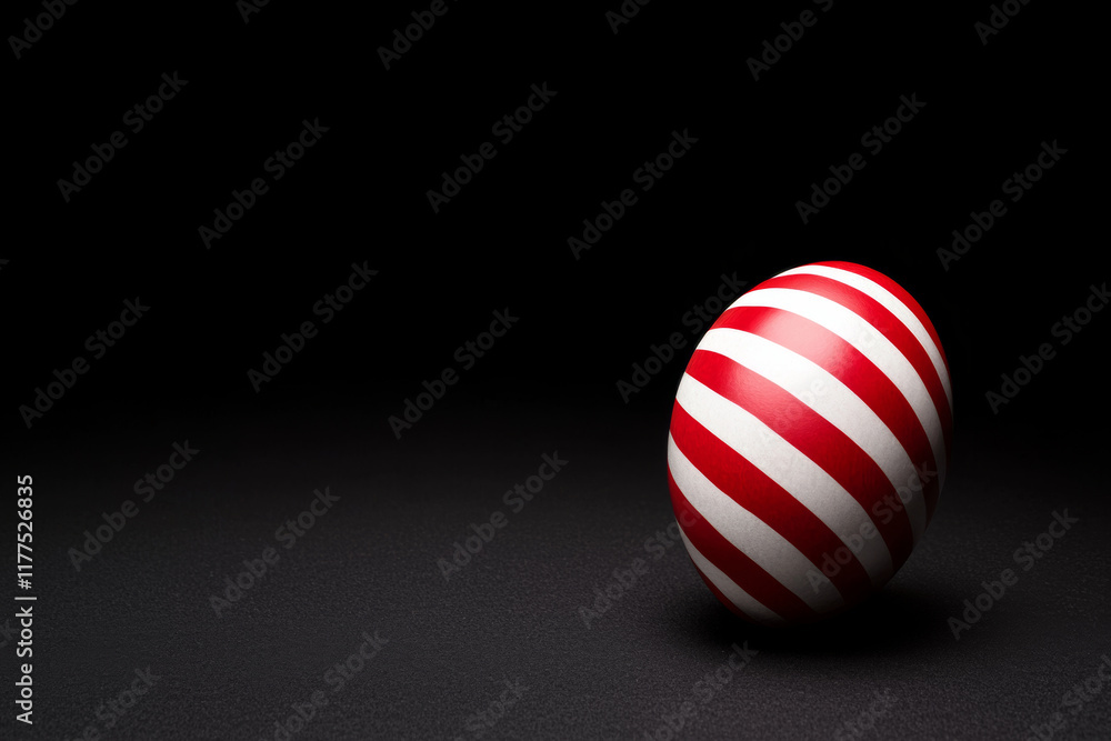 Fototapeta premium Astronaut mental strength. Striped red and white egg on dark background, creating striking contrast
