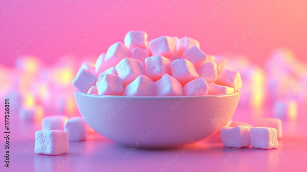 Pink Marshmallow Cubes in Bowl, Soft Lighting Pink Marshmallow Cubes in Bowl, Soft Lighting