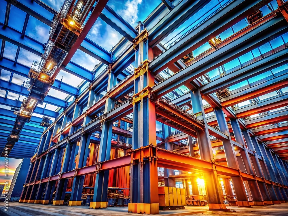 Fototapeta premium Macro Shot: Steel Beams & Welds at a Massive Container Port Construction Site