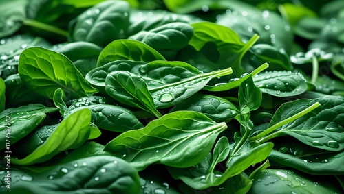 Fresh Green Spinach Leaves with Dew Drops