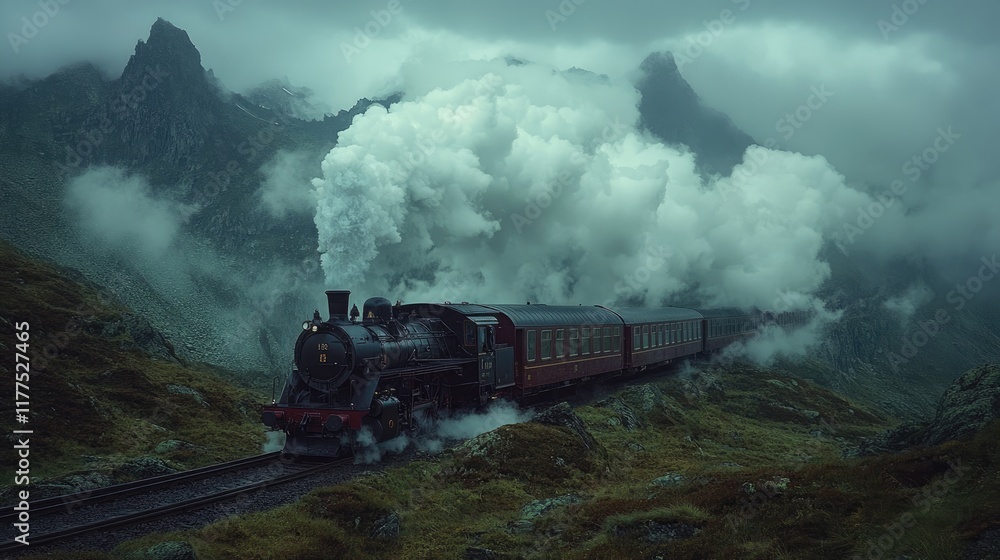 Fototapeta premium Steam Train Ascending Mountainous Terrain Through Mist