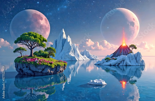 Fantastic painting depicting two abstract islands, against the backdrop of huge planets, painting for home decoration, for wallpaper.