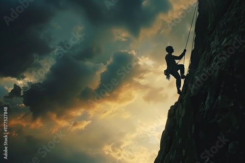 Vibrant Color Visual of Silhouette of Rock Climber Against Dramatic Sky at Sunset photo