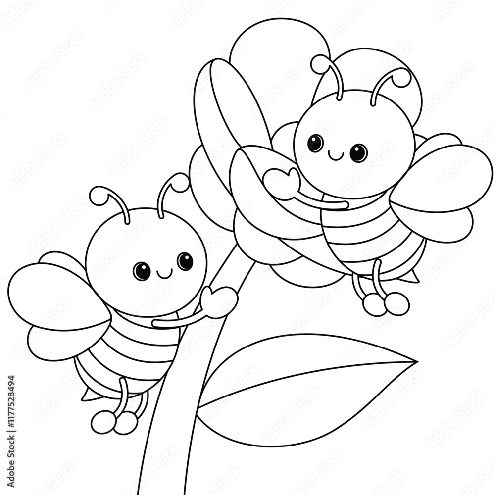 Cute kawaii cartoon character bees and fllower coloring page for kids
