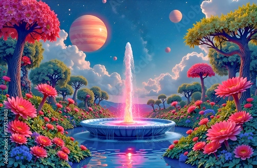 a picture of plants with unusual shapes and colors. The sky is filled with colorful planets and meteorites, and in the center of the garden is a fountain from which streams of water flow