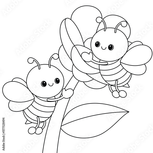 Obraz na płótnie Cute kawaii cartoon character bees and fllower coloring page for kids w salonie