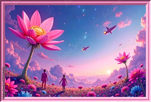 Flower painting, fantastic flowers. The sky is painted in purple and turquoise shades, next to a large flower are children who are exploring this magical world.
