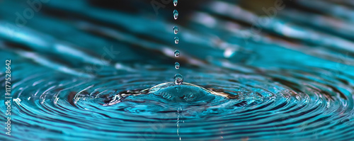 Water droplets creating concentric ripples on a vibrant turquoise surface