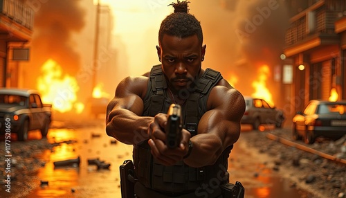 Action scene of a tactical agent in a tense urban setting, aiming a pistol with a dramatic explosion in the background