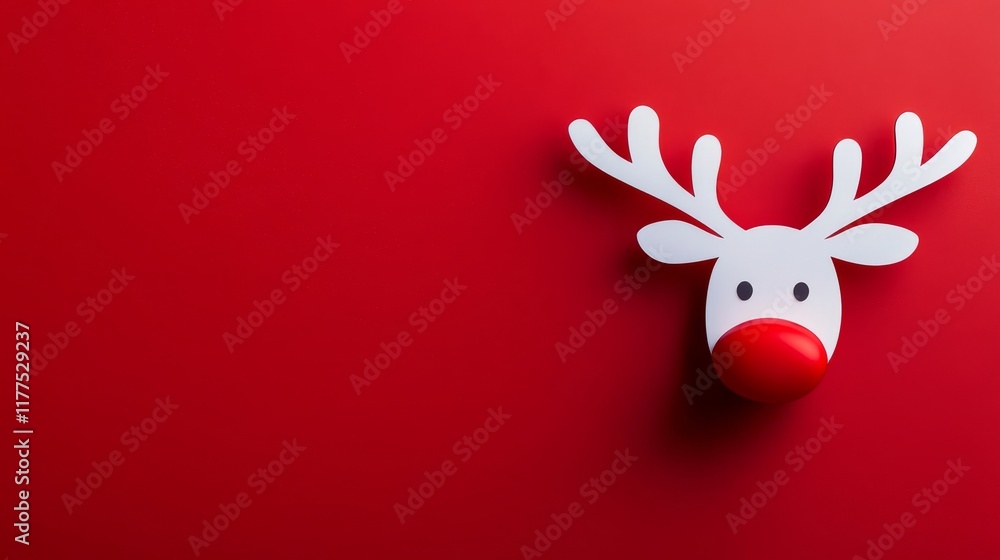 A whimsical reindeer head decorates a bright red backdrop. The design features white antlers and a cheerful red nose, perfect for festive displays and holiday cheer A whimsical reindeer head decorates a bright red backdrop. The design features white antlers and a cheerful red nose, perfect for festive displays and holiday cheer
