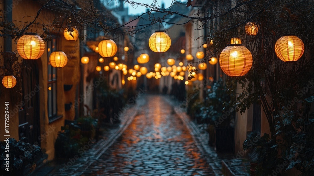 Illuminated Cobblestone Street With Hanging Lanterns Illuminated Cobblestone Street With Hanging Lanterns