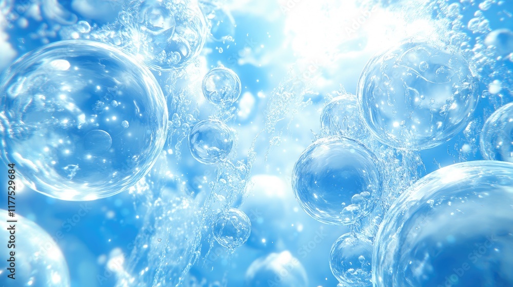 Sparkling Water Bubbles Floating In Blue Sky Sparkling Water Bubbles Floating In Blue Sky