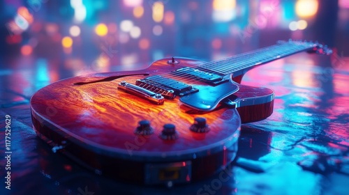 A vibrant hollow body electric guitar bathed in neon lights rests on a reflective surface with bokeh background